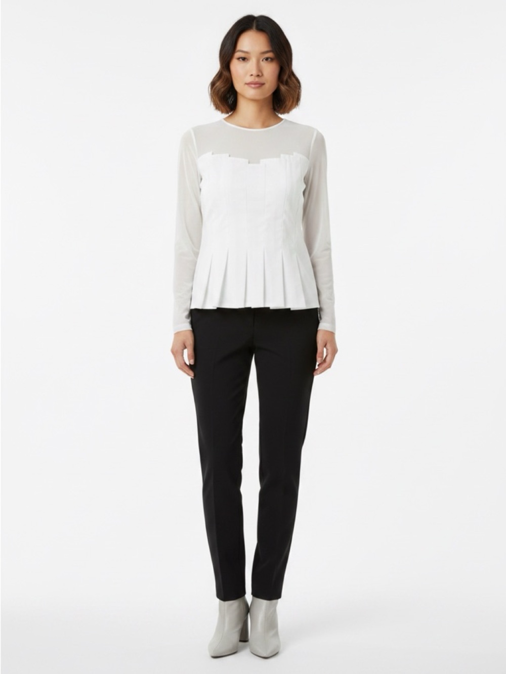 Anne Fontaine Sheer White Round-Neck Blouse WITH belt